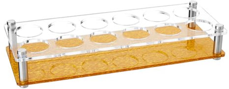HOBBIESAY Soporte acrílico para vasos de chupito de 12 agujeros, bandeja para servir vasos de chupito, organizador de almacenamiento de vasos de chupito, 2 filas de vasos de tequila dorado, estante