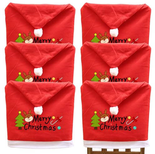 6 Stück Weihnachtsstuhlüberzug, 50 x 60cm Premium Weihnachten Stuhlhussen, Stuhlhussen für Weihnachten, Weihnachtsdekoration für Stühle, Rot Weihnachten Überzieher, Stuhlhussen mit Rotem Hut