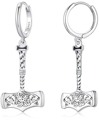Norse Viking Thors Hammer Hoop Dangle Earrings 925 Sterling Silver Mjolnir Viking Runes Huggie Drop Earrings Gothic Jewelry Gift