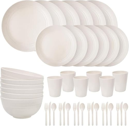 Nervure Vajilla irrompible para 6 personas, 42 piezas, juego de vajilla de plástico, vajilla de pícnic, ligera, multicolor, para barbacoa, de plástico, platos para servir, cuencos, cubiertos