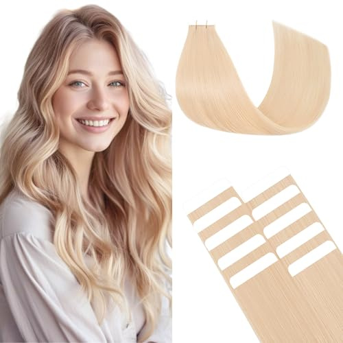 TESS Tape Hair Extensions Real Human Hair Real Hair Invisible Thin Type 10 Pcs 15G Lightweight For Highlight Straight Long - #60 Platinum Blonde - 22 Inch