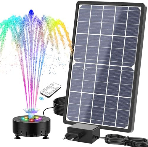 SUJFEE 14W Buntes LED Solar Springbrunnen für Außen mit Akku, Solarbrunnen mit Fernbedienung und Feste Pfähle, DIY Solar Teichpumpe mit 21 Effekte, Solar Wasserpumpe für Garten, DIY Wasserspiel, Teich