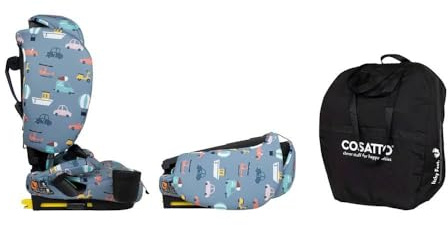 Cosatto On The Go Foldable Portable Travel Car Seat & Booster Car Seat | 15 Months-12 Years | ISOFIX, Side Impact Protection, Anti-Escape Harness, Ultra Compact & Lightweight, Bag (Itchy Feet Sky)