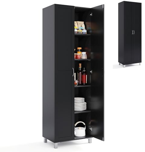 COSTWAY 187cm Tall Kitchen Cupboard, 2-Door Buffet Pantry Storage Cabinet with Adjustable Shelves, Elevated Feet & Anti-tipping Device, Freestanding Sideboard Organizer Unit for Dining Room (Black)