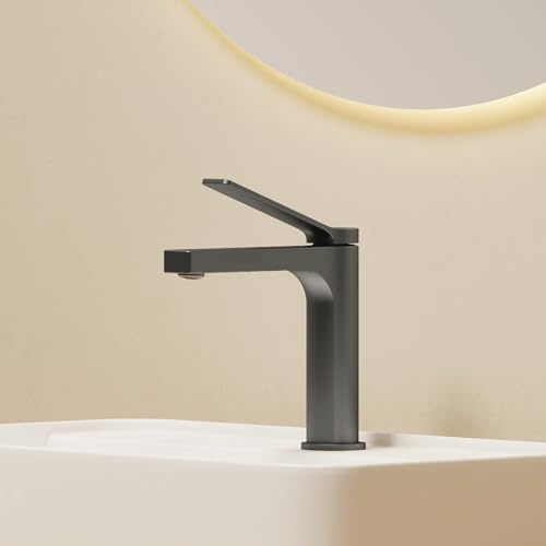 EMKE Wasserhahn Bad, 19,5 x 17,3 cm, Anthrazit Matt, Messing | Keramikkartusche, Mischbatterie, Wasserhahn mit Luftsprudler, Waschtischarmatur, Badarmatur, einfache Installation