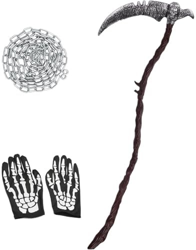 Tankermo Halloween Accessoires - Sense Tod & 300cm Kette & Skull Handschuhe Set,Halloween Sense Sichel Sensenmann Erwachsene Kinder Kostümzubehör