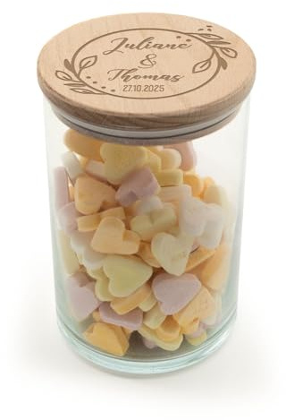 GRAVURZEILE Vorratsglas mit graviertem Holzdeckel - Blumenkranz - Personalisiert mit Name & Datum - Keksdose Bonbonglas mit Deckel - Vorratsdose - Geschenk für Paare zur Hochzeit - 880 ml