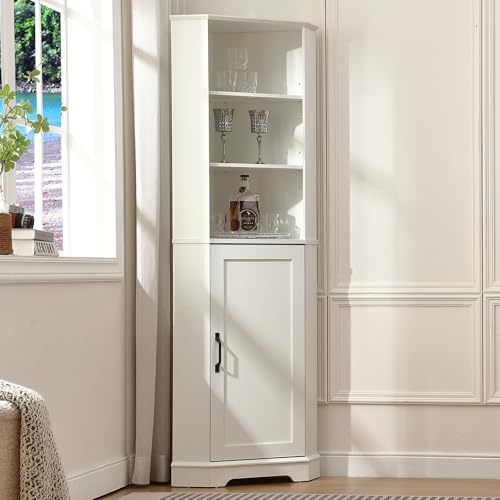 FOREST GRAVITY Tall Bathroom Corner Cabinet Slim Storage Cabinet Furniture, Narrow Cupboard,Bathroom Storage Unit,with a Drawer,Adjustable Shelves,42.4 * 13.8 * 166.7cm,White
