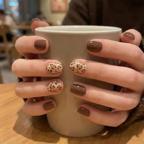 Autumn Leopard Print Press On Nails Short - Brown Coffee Gel Nail Wraps Fake Acrylic Semi Cured Stickers DIY Kit for Women Fall Handmade Cute Strip Foils Short False Stick Fall Sticker Wrap