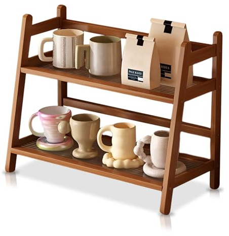 ZYQUES 2-Tier Coffee Station Organizer, Bamboo Kitchen Counter Shelf Condiment Storage Rack Wooden Coffee Stand Organizer for Tea Matcha Mug Holder Kitchen Accessories