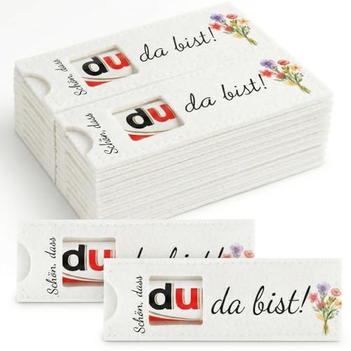 24 Stück Filz Hülle für Schokolade, Schön Dass Du Da Bist Gastgeschenke Hochzeit, Tischdeko Geburtstag & Taufe, Filztaschen 14x5cm Weiß Mit Blumen, Platzkarten Alternative Für Gäste, Ohne Schokolade