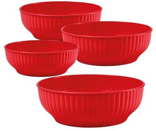 Generico Saladier en plastique nervuré, lot de 4 bols de cuisine, 20 cm 22 cm 24 cm 26 cm, bassin pour salades et préparations (rouge, 20/22/24/26 cm)