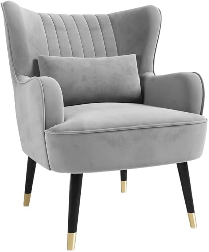 Vesgantti Samt Sessel, Moderne Relaxsessel mit Holzbein, Loungesessel mit Armlehnen, Ohrensessel für Wohnzimmer Schlafzimmer (Hellgrau, Ohne Fußhocker)