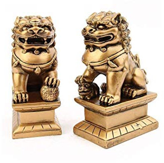 lachineuse - Statuettes Lions Chinois Dorés - 2 Figurines Chiens Fu - 11 x 6,5 x 4,5 cm - Déco Chinoise Asiatique - Décoration Feng Shui pour Maison, Bureau, Intérieur - Idée Cadeau Chine Asie