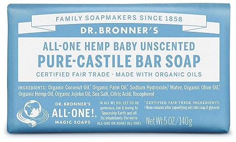 Dr. Bronner's Pure-Castile Bar Soap - Baby Unscented, 5oz. Bars (Pack of 3)