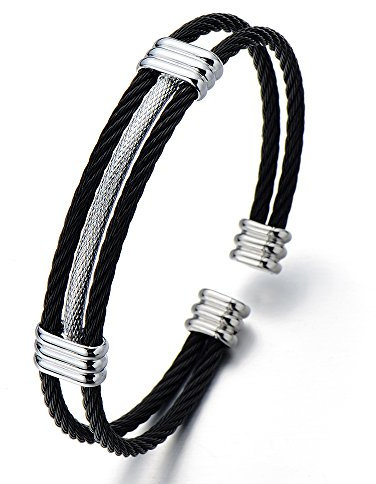 COOLSTEELANDBEYOND Edelstahl Elastische Herren Damen Armband Verstellbare Stahlkabel Armreif Silber Schwarz Zweifarbig