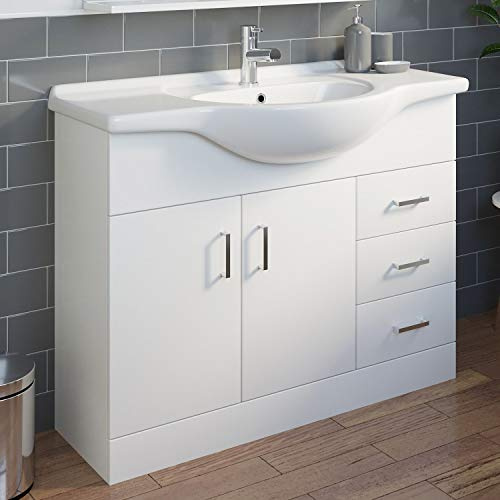 1050mm Bathroom Vanity Unit & Basin Sink Gloss White Floorstanding Tap + Waste