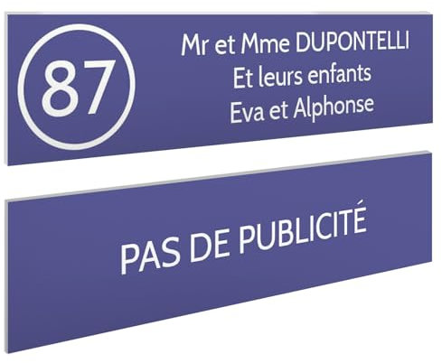 DECOHO - Plaque Boite aux Lettres Personnalisable - Lot de 2 plaques adhésives en Plastique Violet Blanc - Format 100x25 mm - Gravure Las - Violet