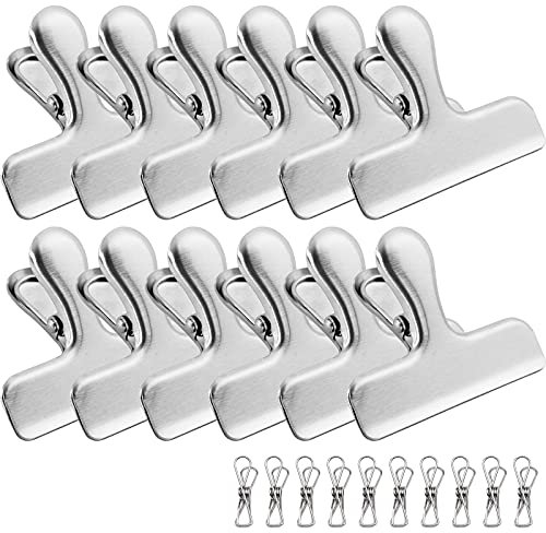 Qualsen 12 Pcs Pinzas Bolsa Acero Inoxidable 7.6cm Clips de Chip Bolsas de Comida de Metal Clips para Bolsas de Café y Alimentos, Casa, Cocina, Oficina