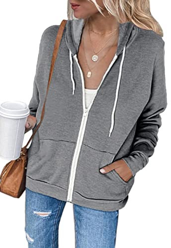 Maavoki Sweatjacke Damen mit Kapuze Einfarbig Damen Kapuzenjacke Full Zip Hoodie Sweatshirt Jacke für Damen, grau XXL