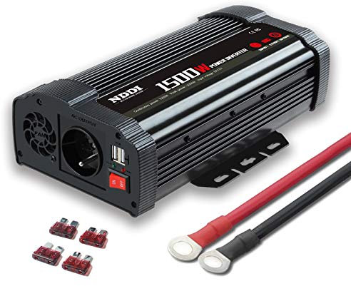 NDDI POWER 1500W Spannungswandler 12V auf 230V Stromumwandler mit 3.1A Dual USB-Anschluss, Autokonverter Wechselrichter für Auto, Wohnwagen, Camping, Laden von Handys, Laptops und Anderen Geräten