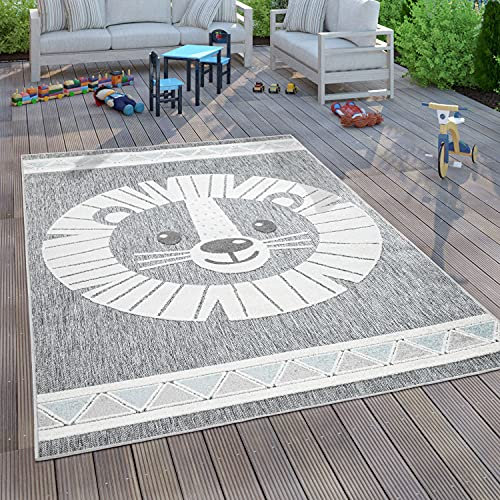 Paco Home Kinderteppich Kinderzimmer Outdoorteppich Spielteppich 3D Effekt Löwe Grau, Grösse:140x200 cm