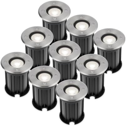 HOFTRONIC - 9er Maisy Terrassen Einbaustrahler GU10 Edelstahl Rund 4 Watt 345 Lumen Boden Licht 6500K Extra Kaltweiß LED Einbauleuchte IP67 Wasserdicht - Dimmbarer Bodeneinbauleuchte außen