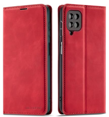 QLTYPRI Hülle für Samsung Galaxy A12/M12 5G, Premium Dünne Ledertasche Handyhülle mit Kartenfach Ständer Flip Schutzhülle Kompatibel mit Samsung Galaxy A12/M12 5G - Rot