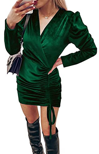 Loalirando Abito Elegante Donna Vestito con Maniche Lunghe Mini Abito Invernale in Velluto con Scollo a V Tinta Unita Casual Cerimonia (Verde, S)