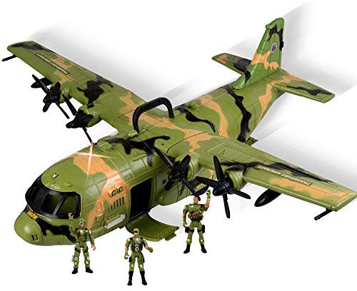 BAKAJI Avion militaire jouet pour enfants géant avec lumières et sons 3 soldats articulés inclus dimensions 60 x 55 x 22 cm Cuarto dans les moindres détails avec hayons ouvrables et poignée