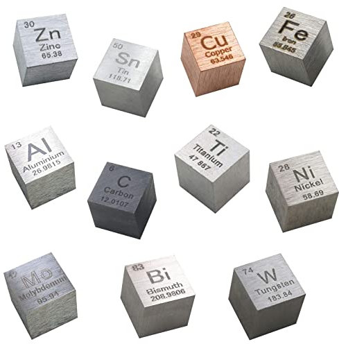 GOONSDS Elementwürfel - Set von 11 Metalldichtewürfeln Inklusive Zink Zinn Kupfer Eisen Aluminium Kohlenstoff Titan Nickel Molybdän Wismut Wolfram für Sammlungen und Labor