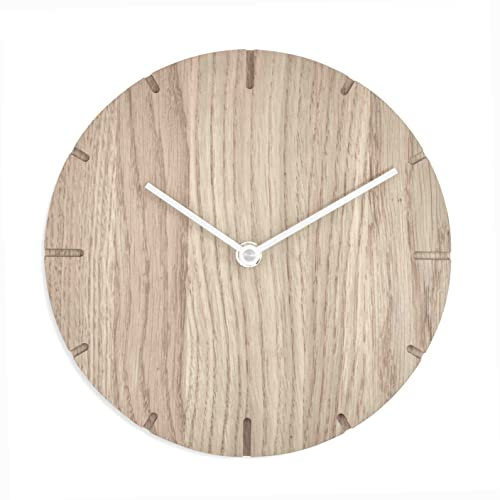 Natuhr Wanduhr Eiche unbehandelt Holz Solide 20 cm Mini Massivholz, geräuscharmes U.T.S. Uhrwerk (Eiche unbehandelt, Weiße Zeiger)