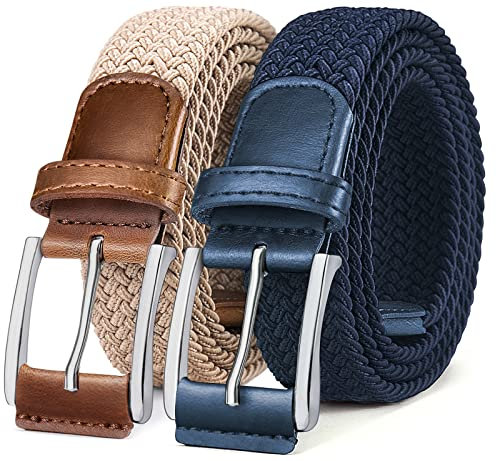 BULLIANT Elastischer Flechtgürtel 2er, Gürtel Herren Damen Stoffgürtel Geflochten Stretchgürtel Golfgürtel 35mm(Beige/Antikblau-140cm/52-56 taille verstellbar)