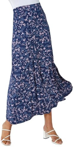 Roman Originals Jersey Skirt for Women UK - Ladies Midi Maxi Floral Animal Print Autumn Winter Swing Smart Casual Work Office Cocktail Party Going Out Evening Holiday Cruise - Navy Grey - Size 20