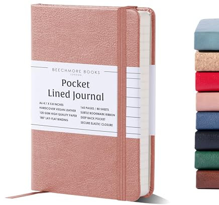 Beechmore Books Taccuino Tascabile a Righe - A6, Rosa I Diario Premium con Copertina Rigida in Pelle Vegana, Carta Color Avorio 120g/m², Confezione Regalo, Per Scrittori, Giornalisti e Studenti