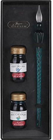 Jacques Herbin 29337T - Estuche con 2 tintas de 10 ml, verde de gris y azul calanco, y una pluma de cristal esmeralda Fabricado en Francia