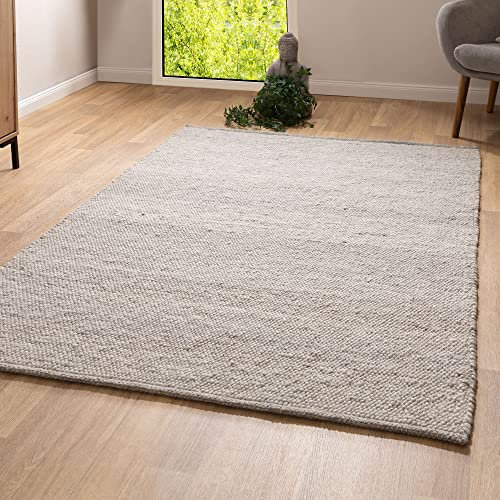 Steffensmeier Handwebteppich Leo | veredelte Schurwolle | Wohnzimmer | Fusselstopp | Grau Beige, handgewebt, Größe: 130x190 cm