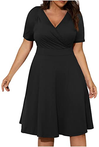 AMhomely Women Dresses for Party Casual Plus Size V-Neck Solid Short Sleeve Boho Dress Swing with Pockets Ladies Trendy Tunic Activewear Vacation Cocktail Formal Work Wedding Black 3XL