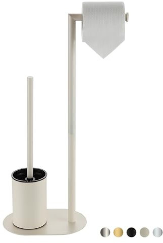 BVL Soporte para Papel Higiénico Y Escobilla Blanco, Soporte para Papel Higiénico con Escobilla de Acero Inoxidable, Diseño Elíptico Portarrollos de Papel Higiénico de Pie con Escobillero