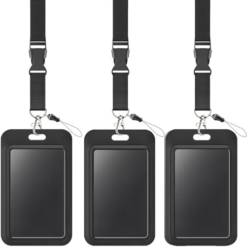 Uniclife Sliding Badge Halter Hard Black Vertikale Plastikkarte Case Protector mit Lanyard Strap Metallschnalle und Clip für Office School ID Credit Proximity Key Card Führerschein, 3 Pack