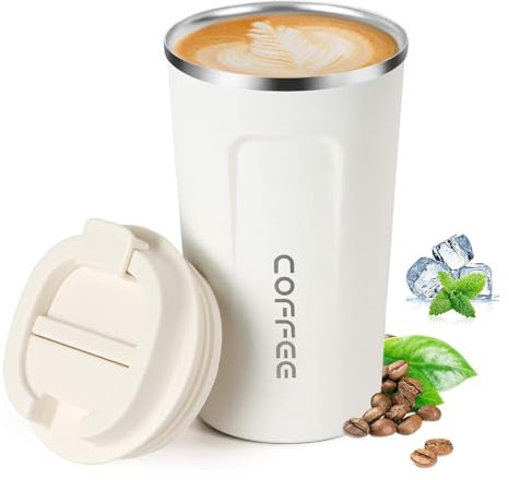 KISUOMAOYI Travel Mugs, Insulated Coffee Cup with Leakproof Lid - Reusable Coffee Cups Travel - Car Coffee Cup - Stainless Steel Thermal Mug for Hot and Cold Coffee Water and Tea (White+510ML)