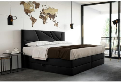 TRADA Boxspringbett Verde Lux 180x200 cm - Bett mit Bonell und Taschenmatratze - Bett mit Topper 5 cm und Stauraum - Samtstoff - Schwarz
