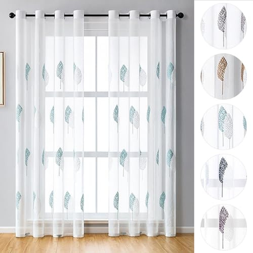 2er-Set Vorhang Blätter Stickerei mit Ösen, Voile, Blumen Gardinen,140x175cm,Türkis