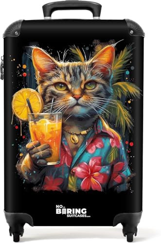 NoBoringSuitcases.com Valise Cabine 55x35x25cm, Bagages Pas Cher, Petite Valise Rigide (Chat - Tropical)