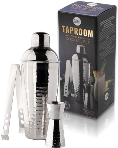 Taylor's Eye Witness Taproom 3pcs Silver Coloured Hammered Stainless-Steel Cocktail Shaker Set - Includes 500ml (17.5fl oz) Metal Cobbler Shaker, 25ml/40ml Double Jigger & Ice Tongs.