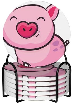 Runde Keramik-Kork-Untersetzer, 6 Stück, Motiv: Smiley, rosa Schweine-Aufdruck: rutschfester Korkboden, passend für alle Kaffeetassen, Sportbecher und -becher
