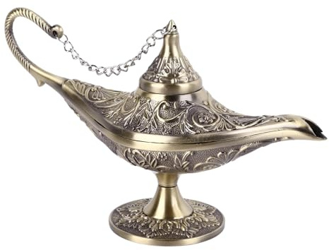 Aladdin Lampe Deko 22 x 12 x 7,5 cm Vintage Metall Legende Aladdin Magic Genie Lampe mit Geprägten Blumen, Arabisches Wunschlicht für Party, Halloween, Geburtstag(Antikes Messing)