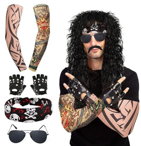 YIDIADIA 7 Stück Rocker Kostüm Herren Perücken Schwarz Locken Disco Kostüm Herren Party Kostüm Männer mit Perücken Sonnenbrillen Bärte Ärmel Handschuhe Kopftücher für 70er 80er 90er
