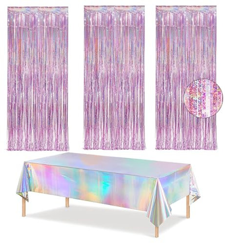 Tende Metalliche Feste,3 Tenda Sfondo Scintillante+Tovaglia Lamina d'Oro Rosa Set(1x2.5m) Foil Tenda a Frange Tende Orpello Tinsel Foil Tende Tenda luccicante per per Nozze Compleanno Festa