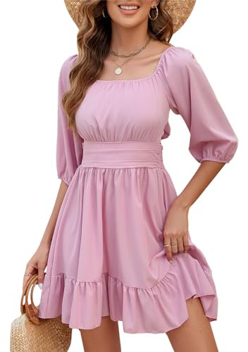 Zetieny Femme Robe Casual Mini Robe Encolure Carrée Robe de Plage à Manches Lanternes Robe Courte Vintage A-Line